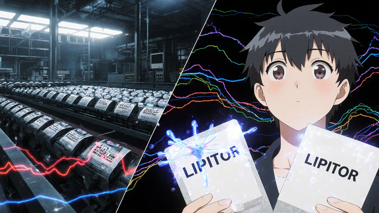 Mêmes comprimés sortant d&#039;une même ligne de production, emballés différemment : l&#039;un avec logo, l&#039;autre simple.