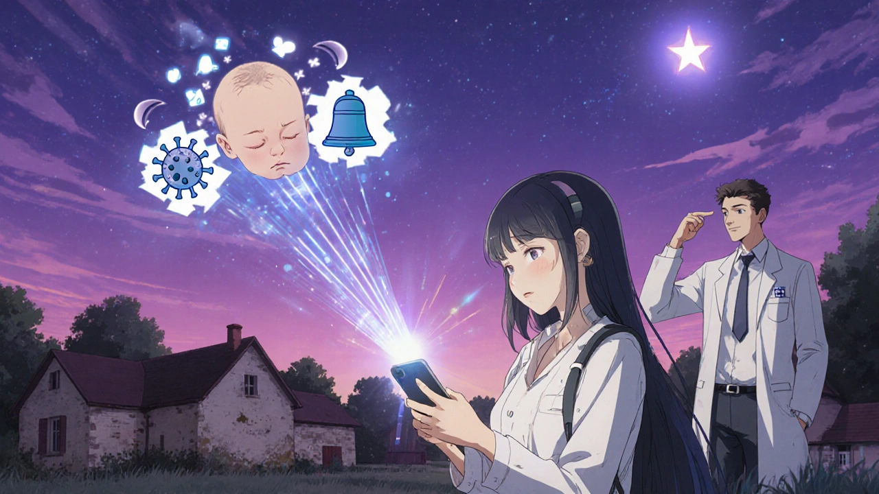 Mère utilisant un smartphone pour dépister l’audition de son bébé dans une zone rurale.