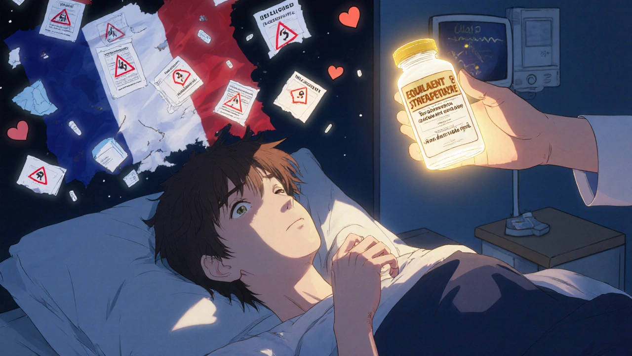 Patient allongé tenant une bouteille vide, une nouvelle étiquette lumineuse apparaît avec &#039;Équivalent thérapeutique&#039;.