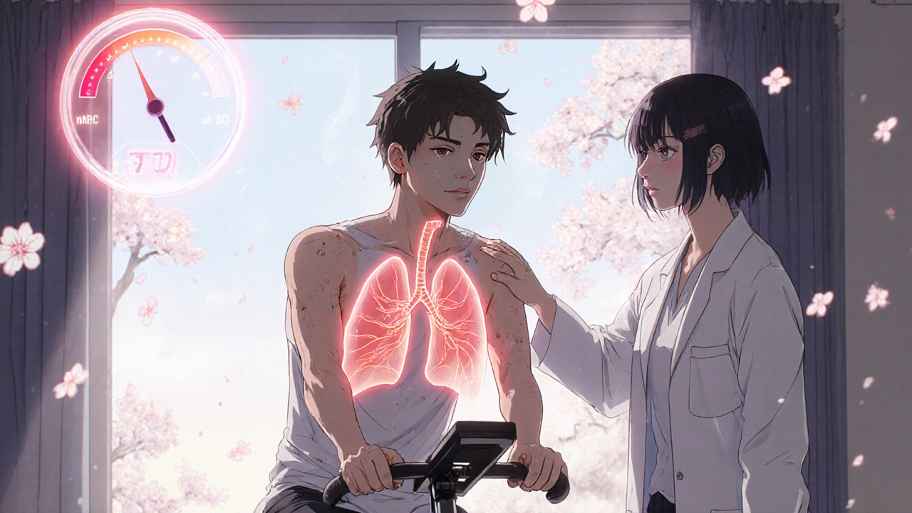 Patient en réhabilitation respiratoire sur un vélo, avec des lignes de respiration lumineuses.