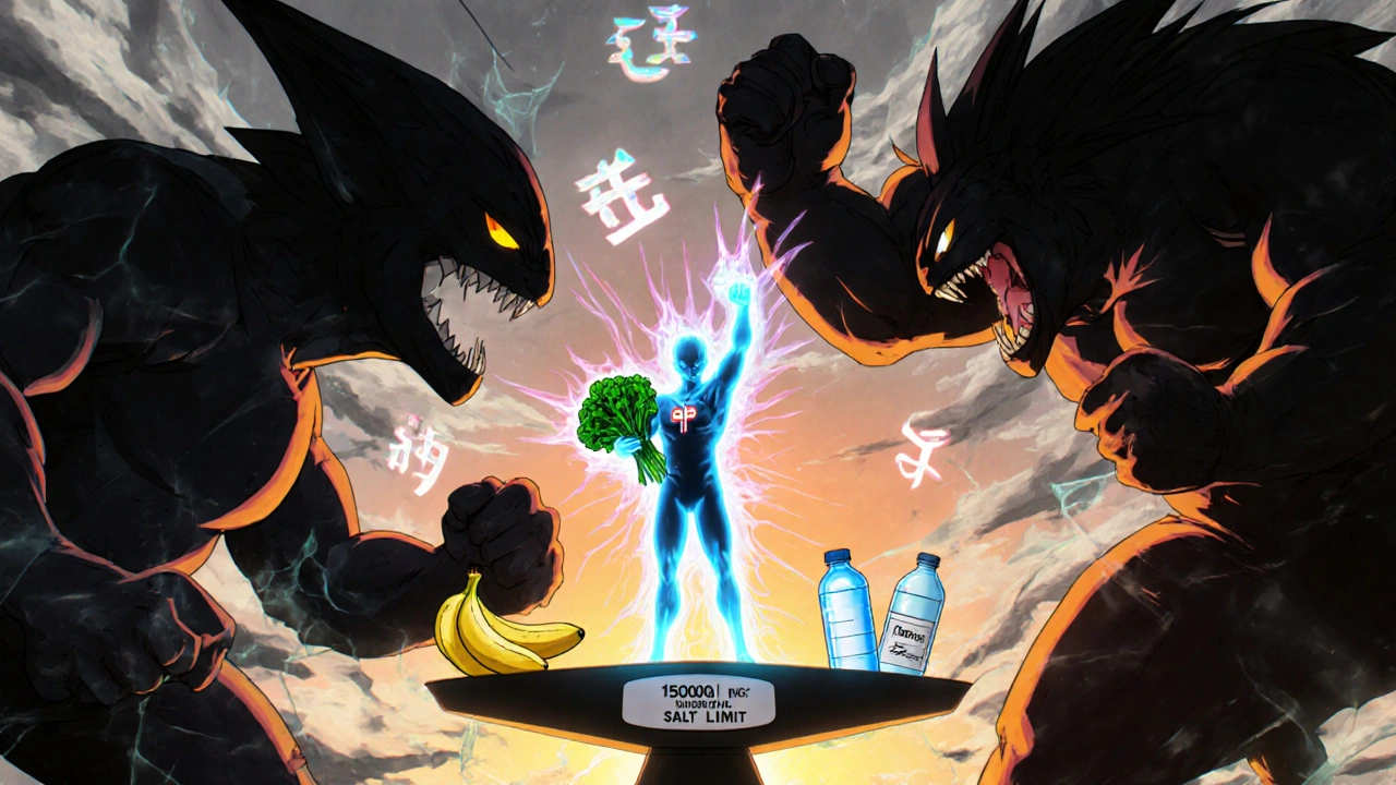 Personnage combattant des médicaments nocifs avec des aliments sains et un mode de vie équilibré.