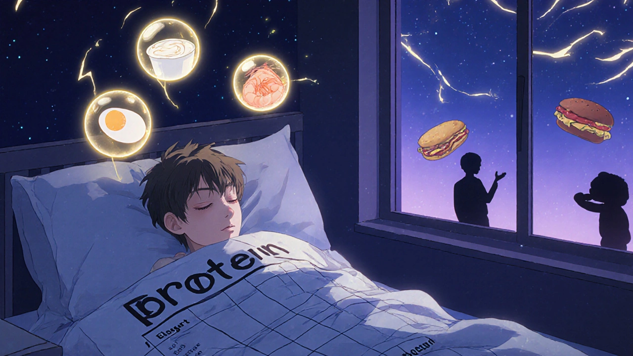 Personne endormie entourée d&#039;objets alimentaires sains flottants, tandis que des snacks malsains disparaissent dans l&#039;ombre.