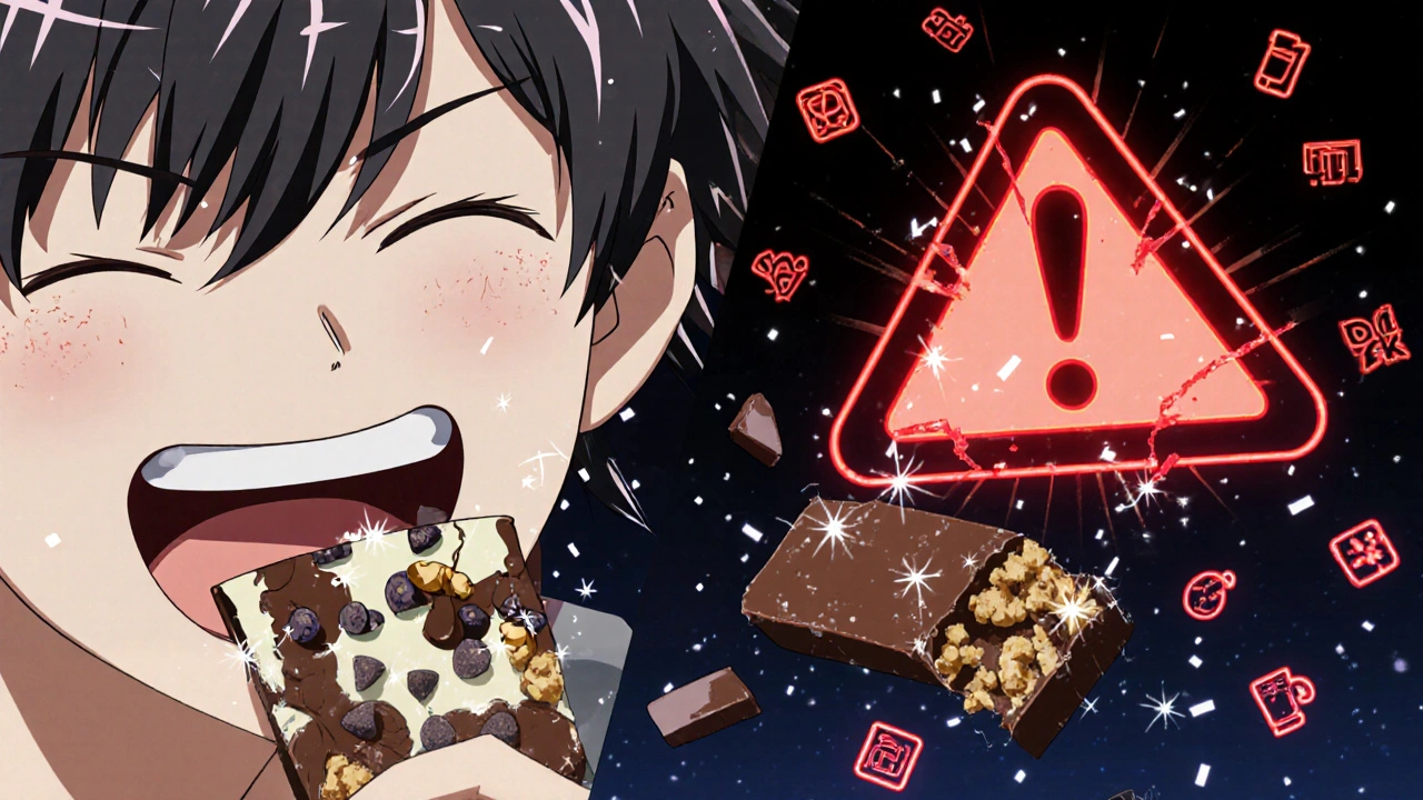 Personne mangeant une collation de cottage cheese avec des pépites de chocolat, à côté d&#039;une barre protéinée qui se décompose en sucre.