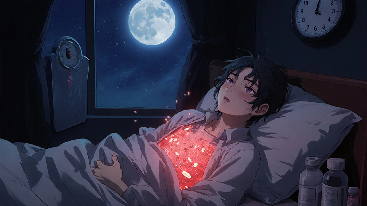 Personne réveillée en pleine nuit, trempée de sueur, sous la lumière de la lune, avec un éclat rouge dans la poitrine.