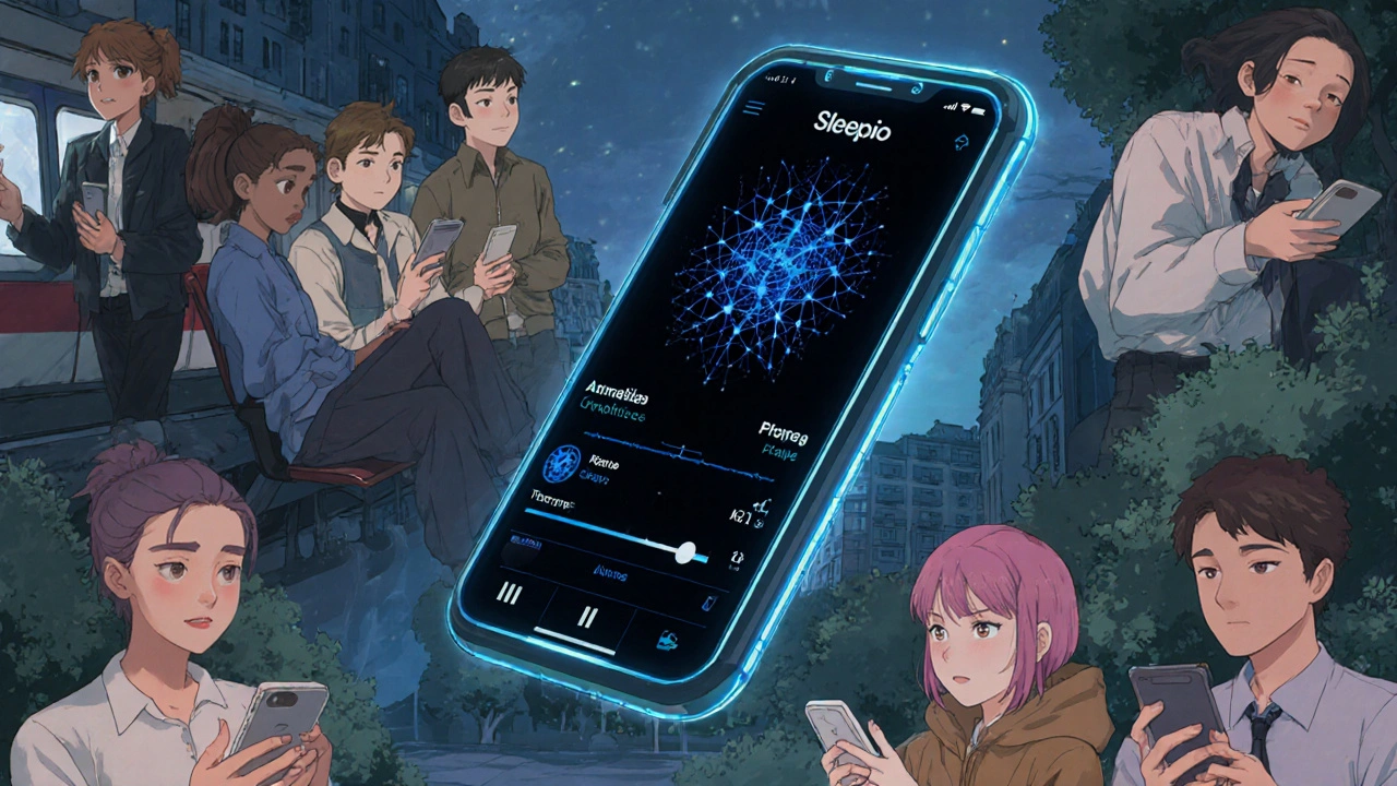 Personnes utilisant une application de CBT-I sur leurs téléphones dans des environnements urbains.