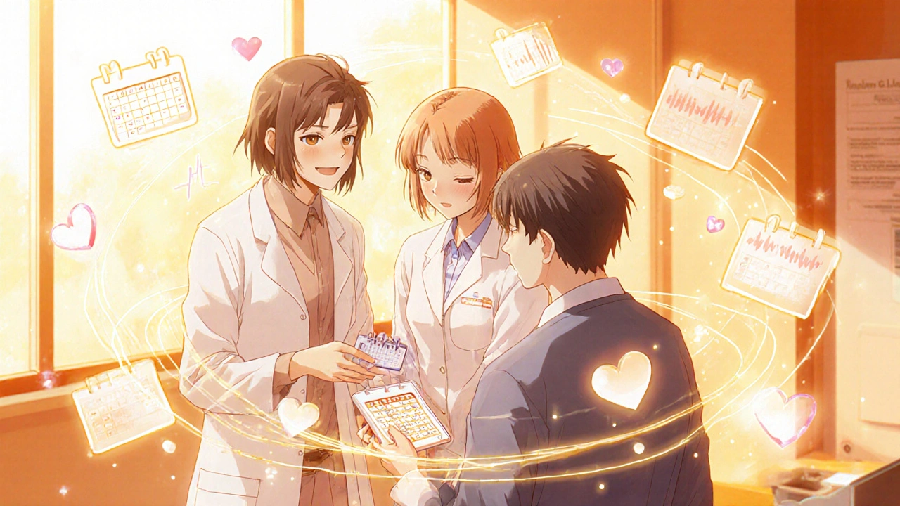 Pharmacien et psychiatre accompagnent un patient avec un organisateur de comprimés quotidien dans une clinique lumineuse.