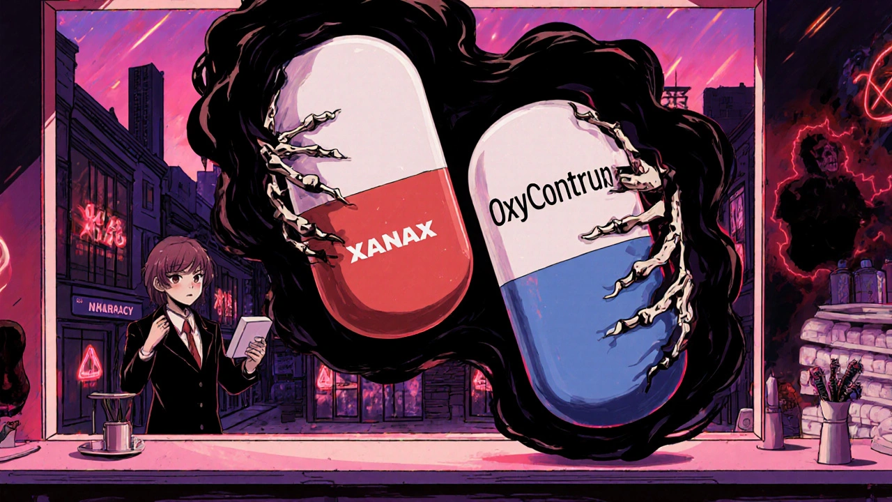 Pilules Xanax et OxyContin enlacées dans une fumée noire, pharmacien en arrière-plan avec un avertissement.