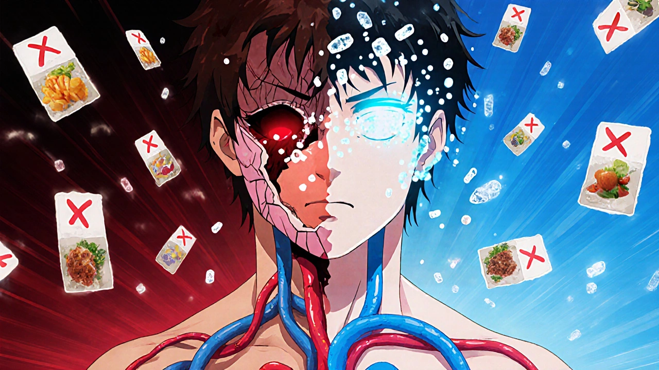 Représentation artistique d&#039;un corps avec des artères saines d&#039;un côté et endommagées de l&#039;autre, symbolisant l&#039;effet du sodium.