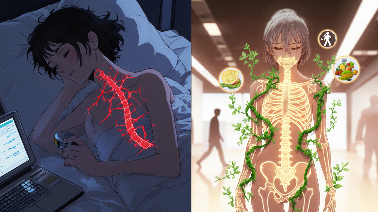 Scène en deux parties : à gauche, des os fragiles en décomposition ; à droite, des os solides et lumineux grâce à un traitement correct.