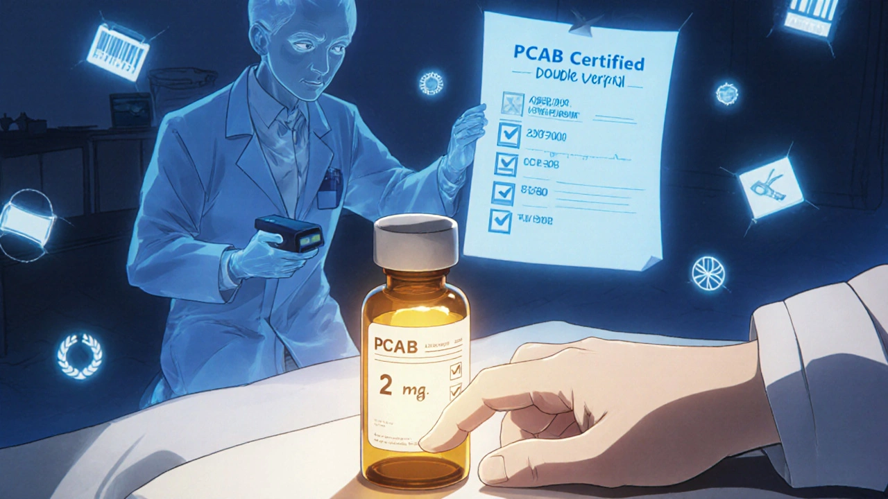 Un enfant prend un médicament étiqueté &#039;2 mg/mL&#039;, entouré de symboles de sécurité et d&#039;accréditation flottants.