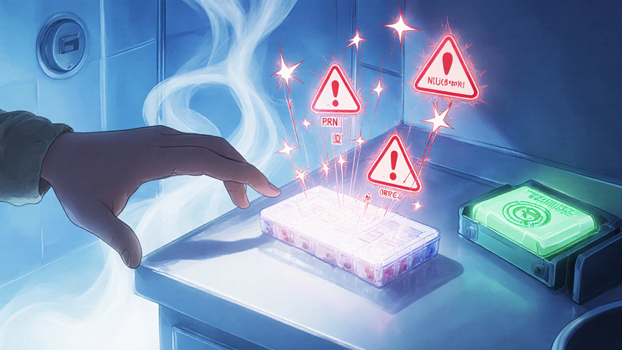 Un enfant tente d&#039;ouvrir un organiseur de comprimés sur un comptoir de salle de bain, des avertissements rouges l&#039;entourent.