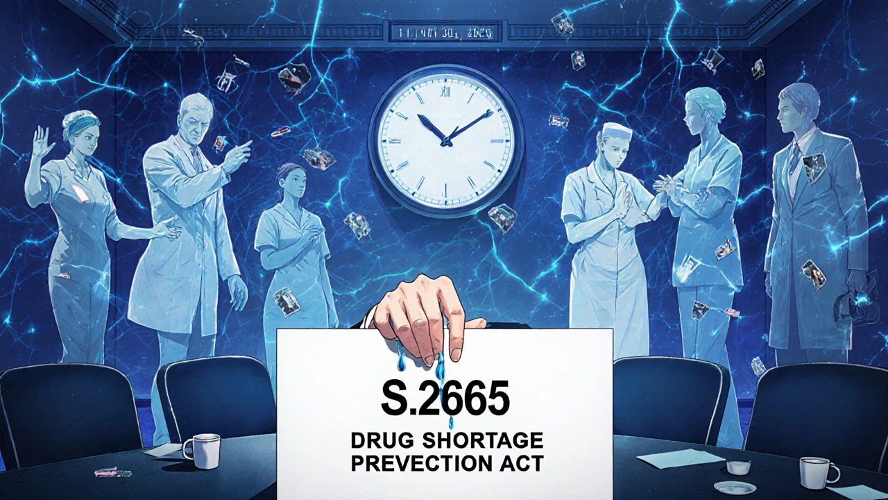 Un sénateur hésitant à voter sur une loi bloquée, entouré d&#039;ombres de patients et d&#039;horloge marquant la fin du délai.