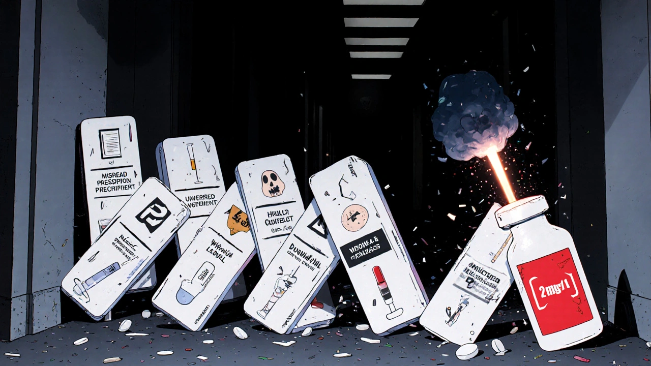 Une chaîne de dominos médicaux s&#039;effondre, sauf un étiquette &#039;2 mg/mL&#039; qui brille au milieu du chaos.