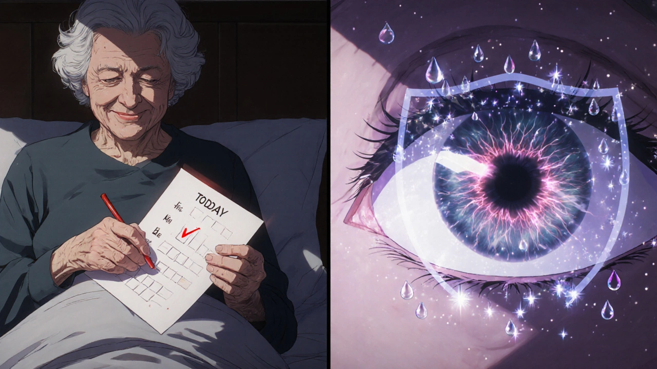 Une femme âgée coche son calendrier, son nerf optique protégé par des gouttes flottantes.
