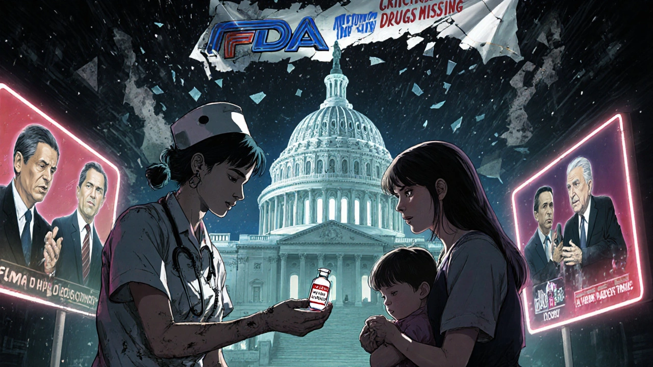 Une infirmière remet un médicament non homologué à une mère, sous un ciel où le Capitole s&#039;effondre en cendres.