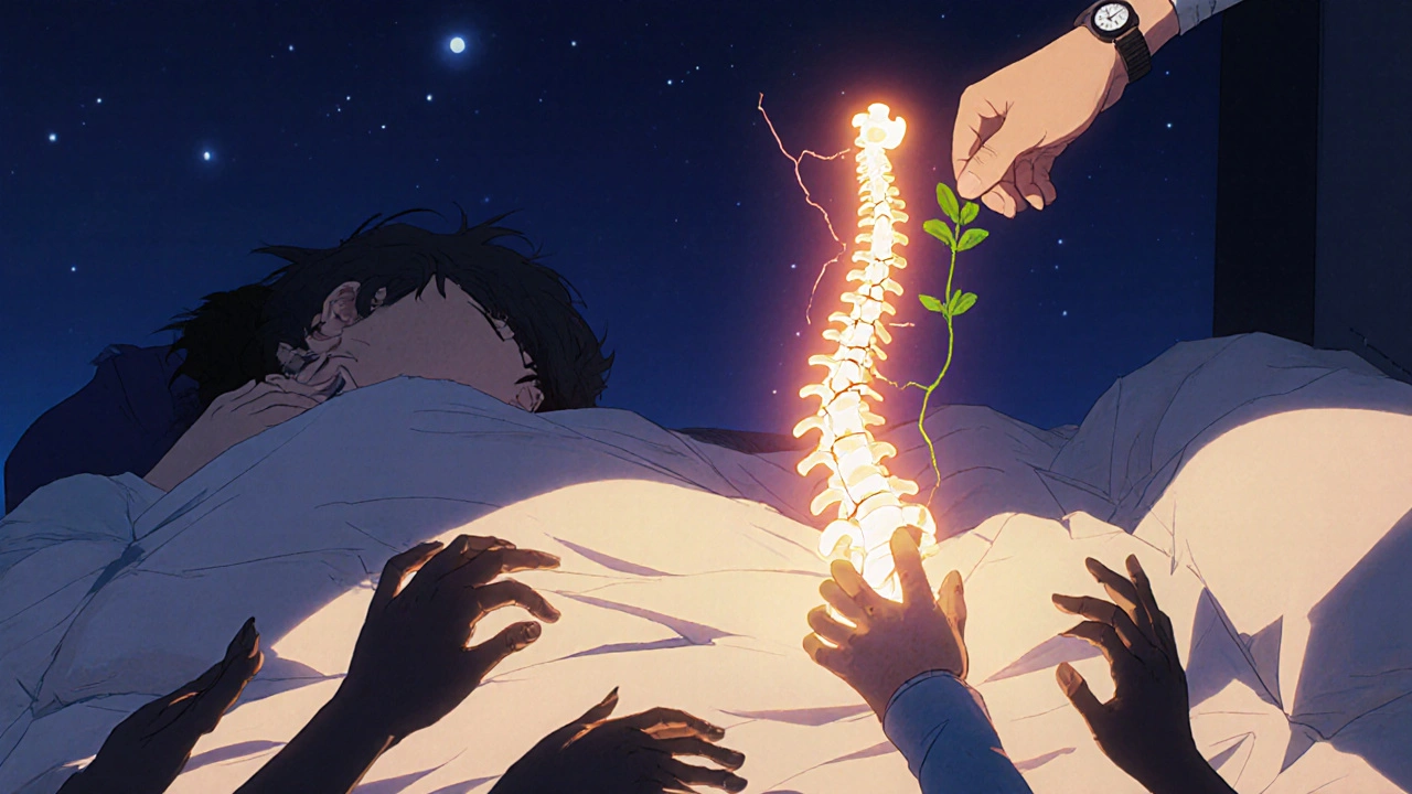 Une personne au lit avec une colonne vertébrale fracturée, des mains symboliques de stress et une main déposant une plante, éclairage éthéré.