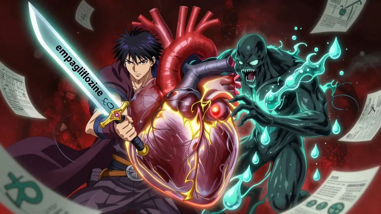 Bataille mystique dans le cœur entre inhibiteurs SGLT2 et diurétiques, énergie dorée et symboles médicaux flottants.