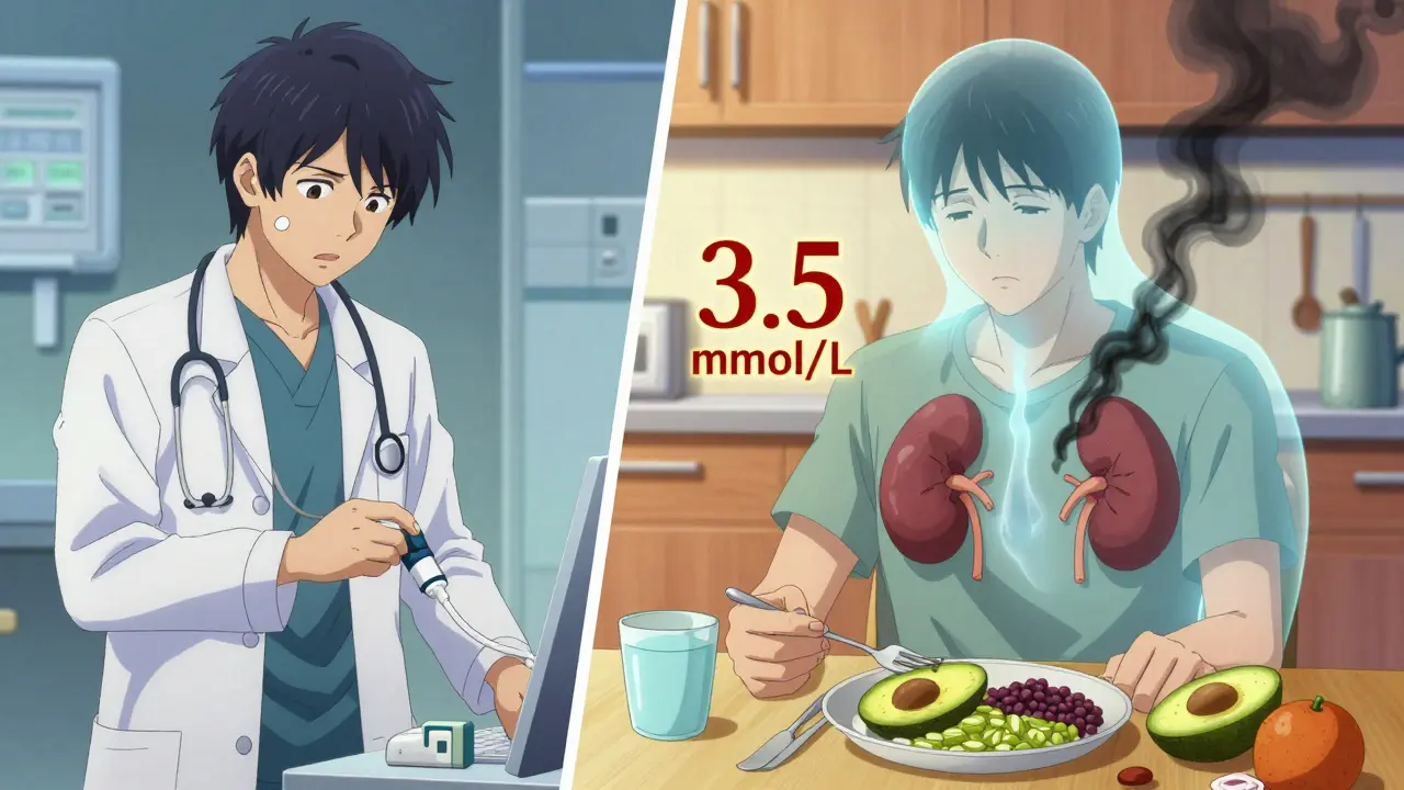 Cardiologue ajustant un traitement, patient à la maison mangeant des aliments riches en potassium, symboles hormonaux flottants.