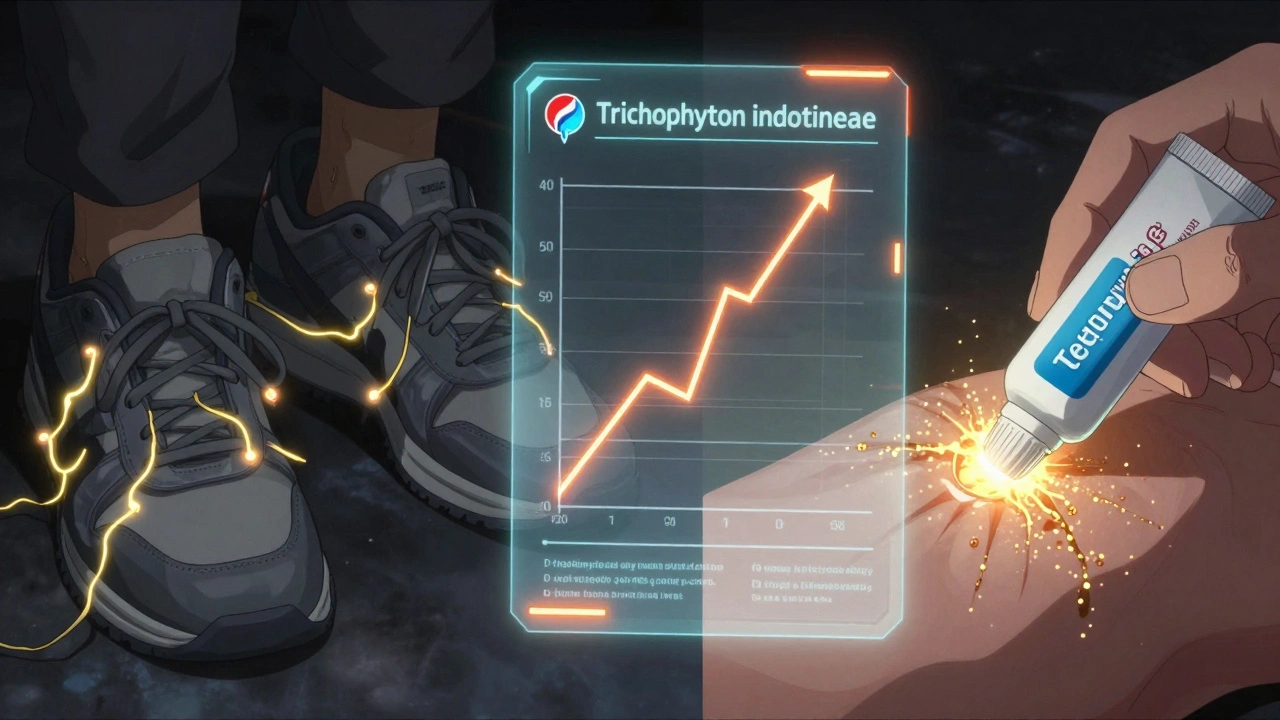 Chaussures infestées de champignons d&#039;un côté, crème antifongique pénétrant la peau de l&#039;autre, avec un graphique de résistance au centre.