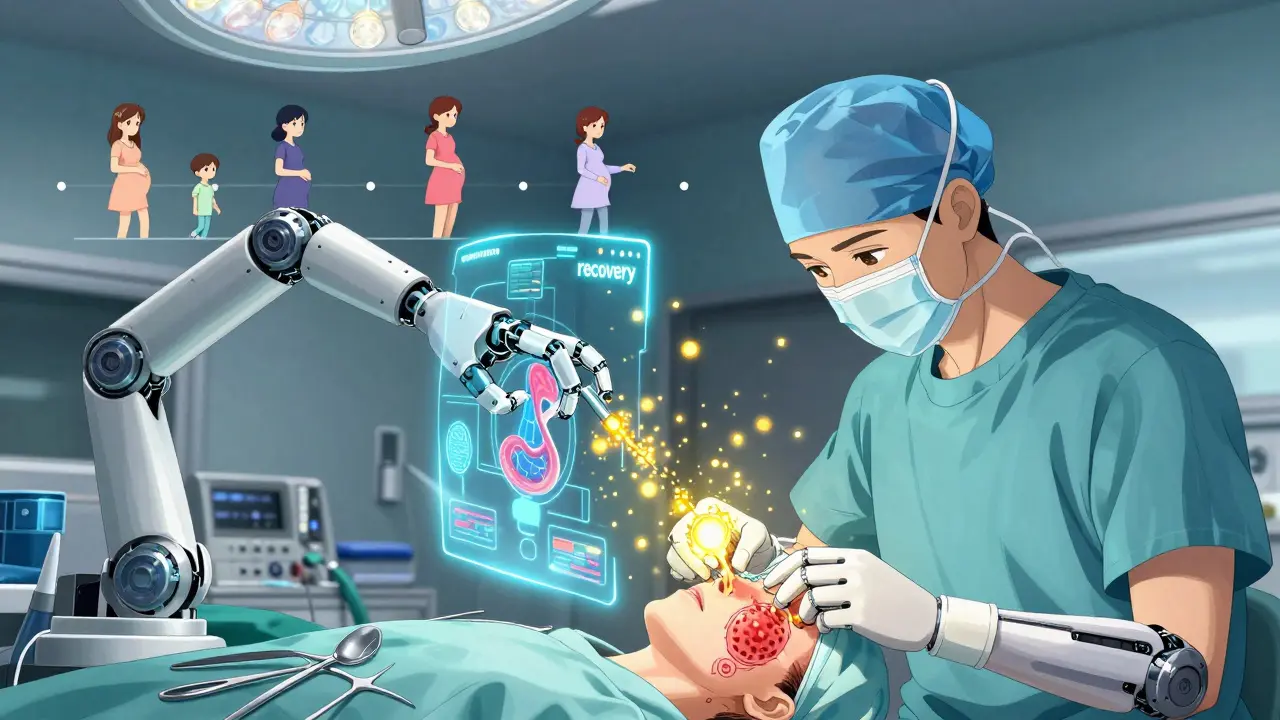 Chirurgie transsphénoïdale animée avec particules de dopamine et projections holographiques dans une salle d'opération futuriste.