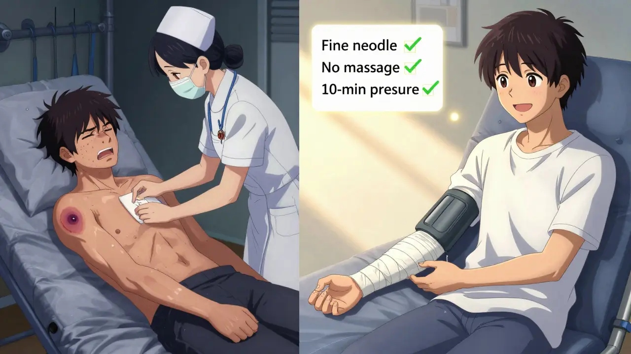 Comparaison visuelle : hématome douloureux à gauche, vaccination sans ecchymose à droite.