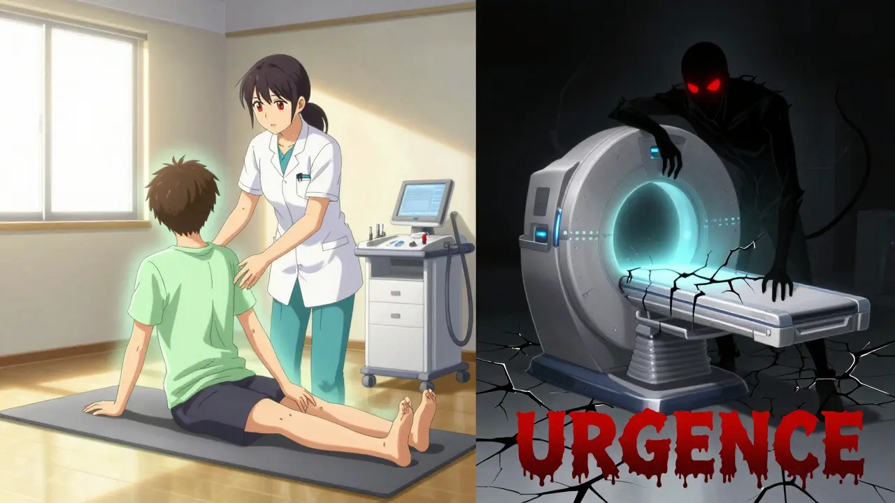 Contraste entre soins doux et urgence médicale : un thérapeute avec un patient en paix contre une menace sombre avec une IRM menaçante.