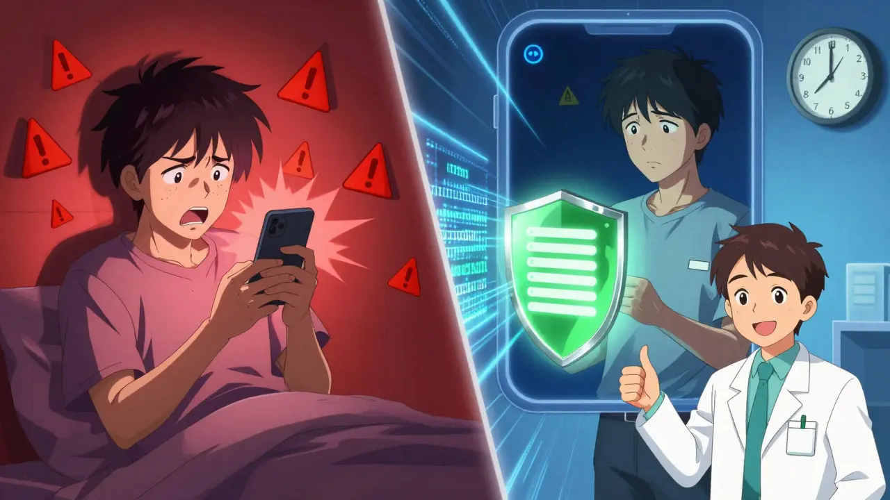 Contraste entre une communication risquée par SMS et une communication sécurisée par portail médical, avec un bouclier de protection.