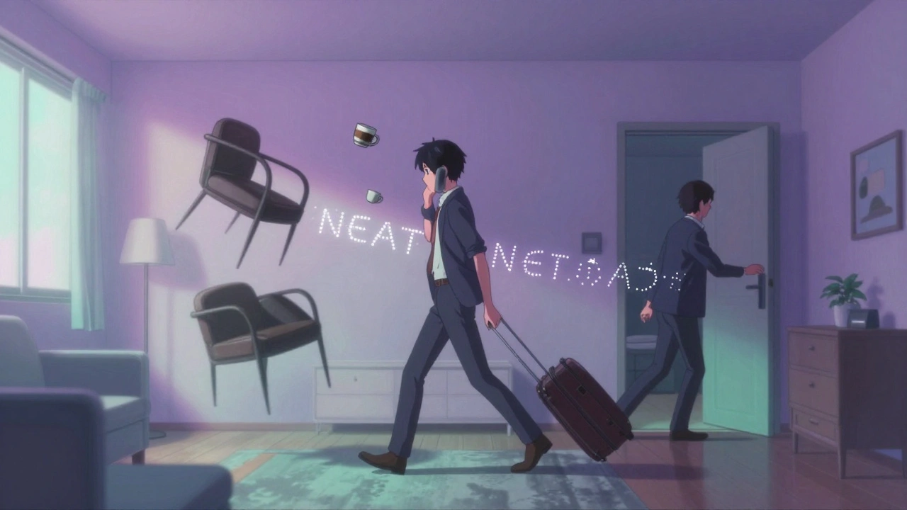 Dans un appartement, les objets flottent tandis que la personne bouge, des traces lumineuses forment le mot 'NEAT'.