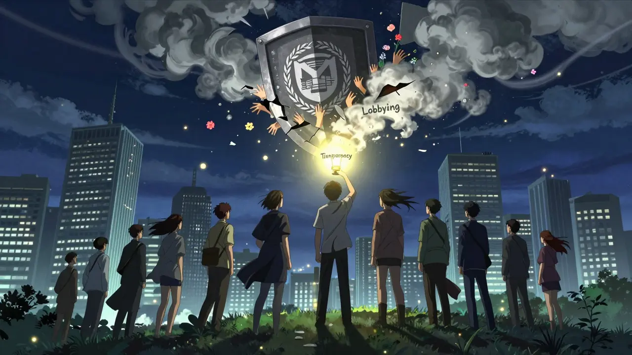 Des citoyens tiennent une lanterne de transparence qui perce la fumée du lobbying, un bouclier réglementaire se brise au-dessus d'eux.