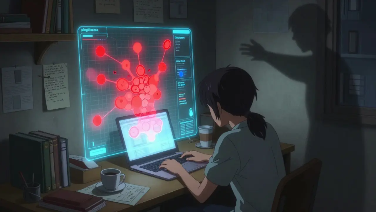 Étudiant regardant une heatmap holographique des effets secondaires de médicaments dans une chambre sombre.