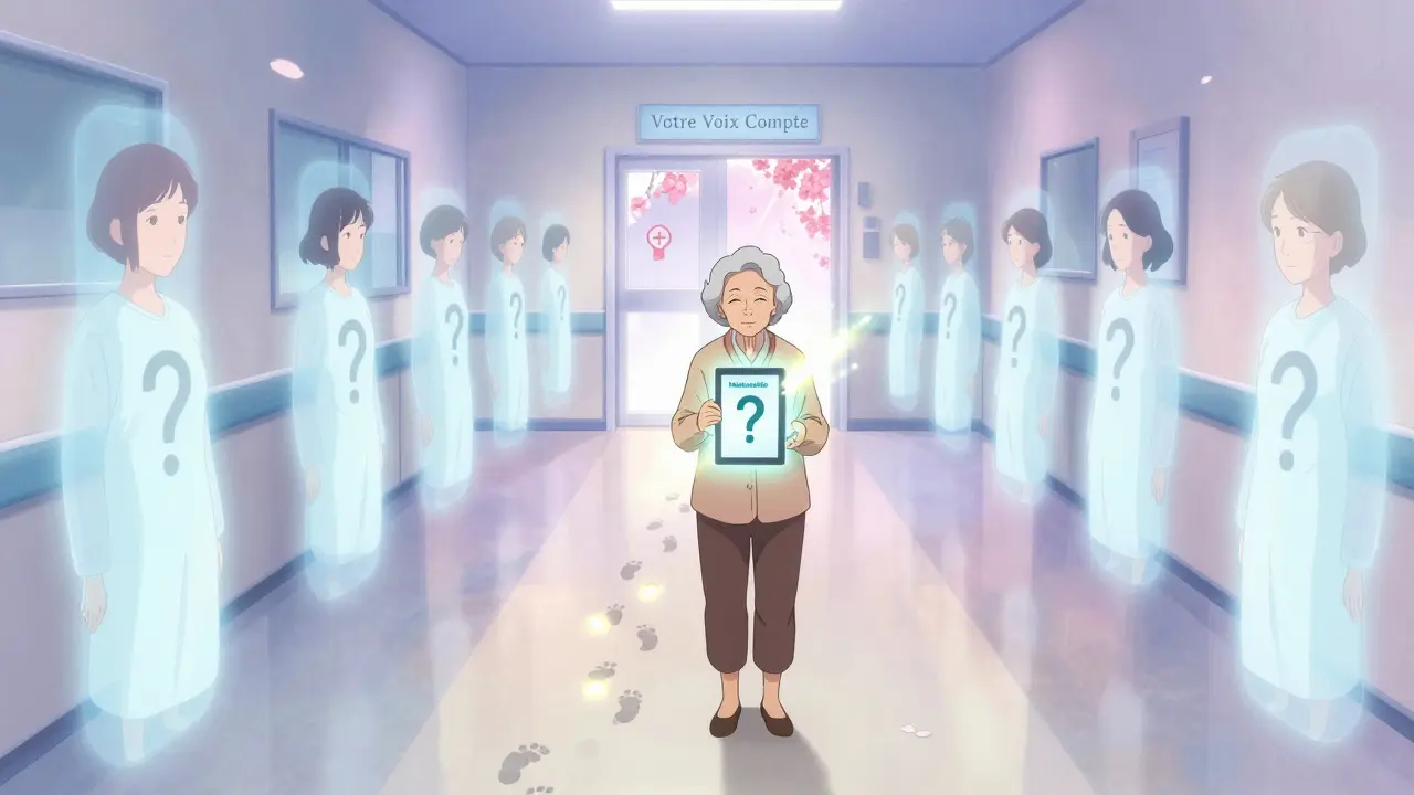 Femme âgée avançant dans un couloir hospitalier abstrait, tenant une tablette qui émet une lumière réconfortante.