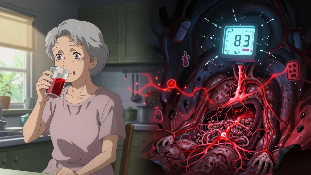 Femme âgée dans une cuisine, transformée en vision interne de saignements avec un INR à 8,3.