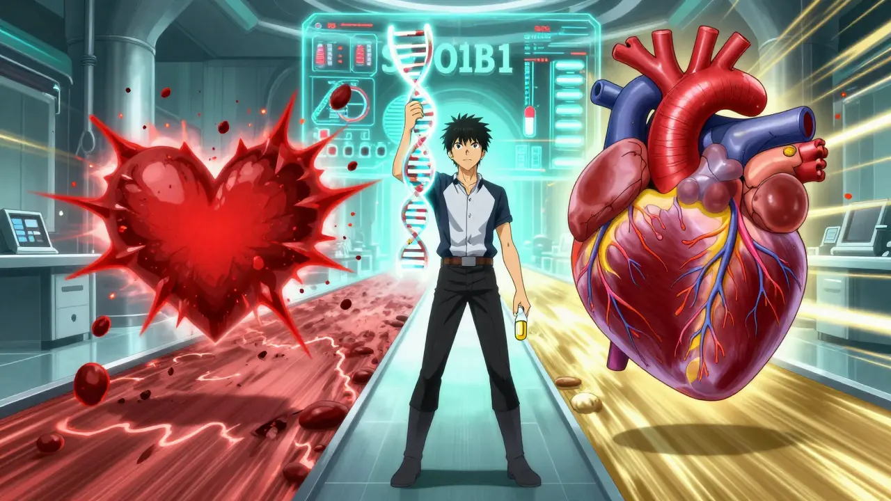 Figurine héroïque choisissant entre une crise cardiaque et une santé protégée, tenant un brin d'ADN et une capsule de CoQ10.