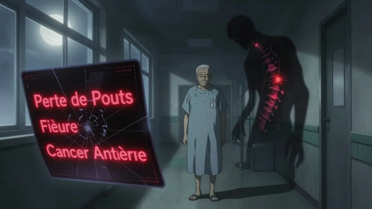 Homme âgé dans un couloir d'hôpital, son ombre révélant une fracture et une tumeur, avec des signaux d'alarme flottants.