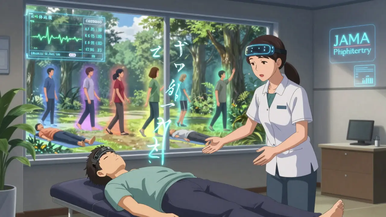 Instructeur de mindfulness avec données physiologiques flottantes en temps réel.