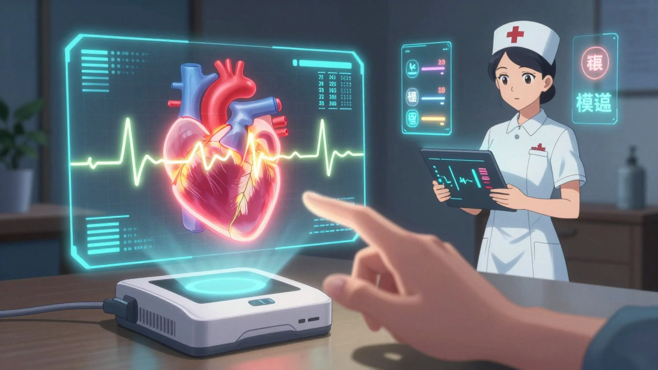 Interface télémedecine affichant un cœur holographique avec alerte QT en temps réel, infirmière virtuelle en arrière-plan.