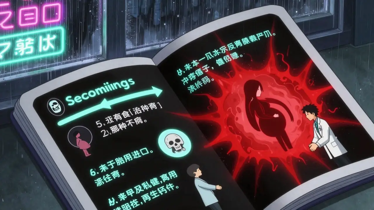 Livret médical ouvert révélant une boîte d'avertissement noire pulsante avec des icônes de risques et des flèches vers les ajustements de dose.