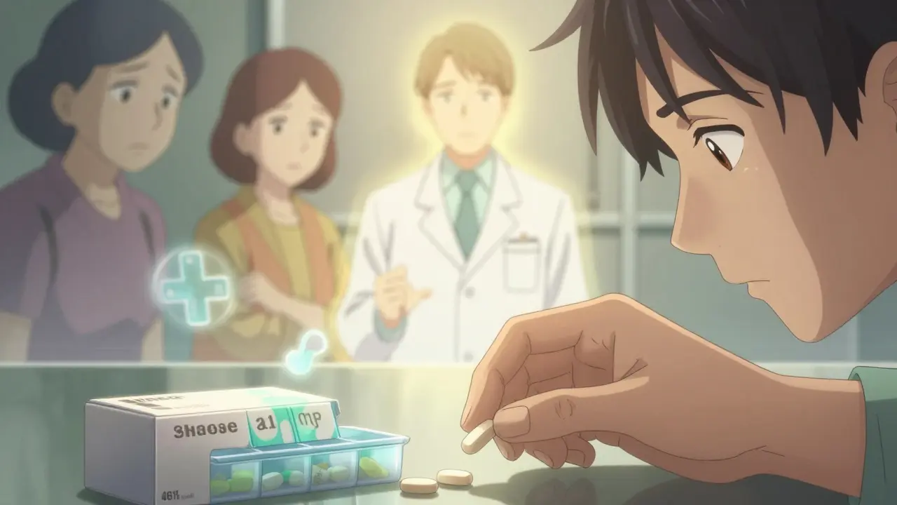 Main posant un médicament générique à côté d'une boîte de marque, des silhouettes fantômes flottent en arrière-plan.