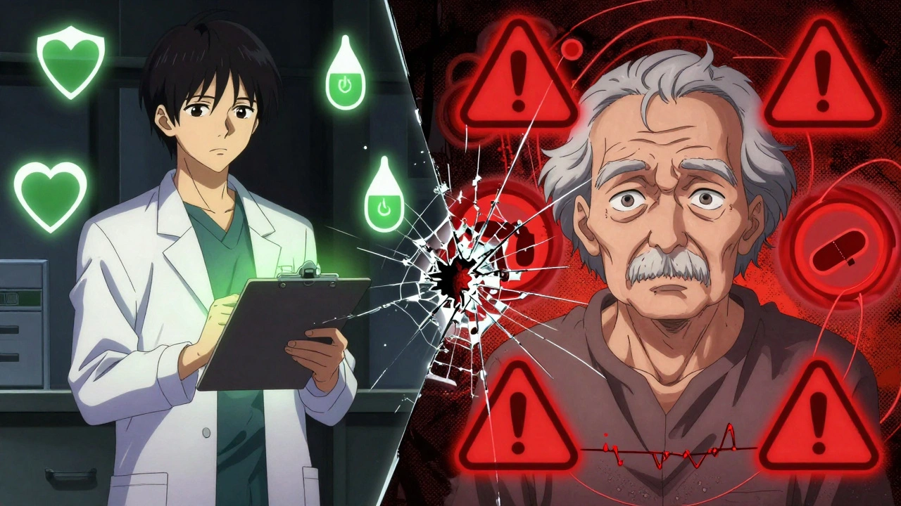 Médecin prescrivant un antipsychotique sûr à gauche, patient à risque entouré de symboles d&#039;alerte à droite.