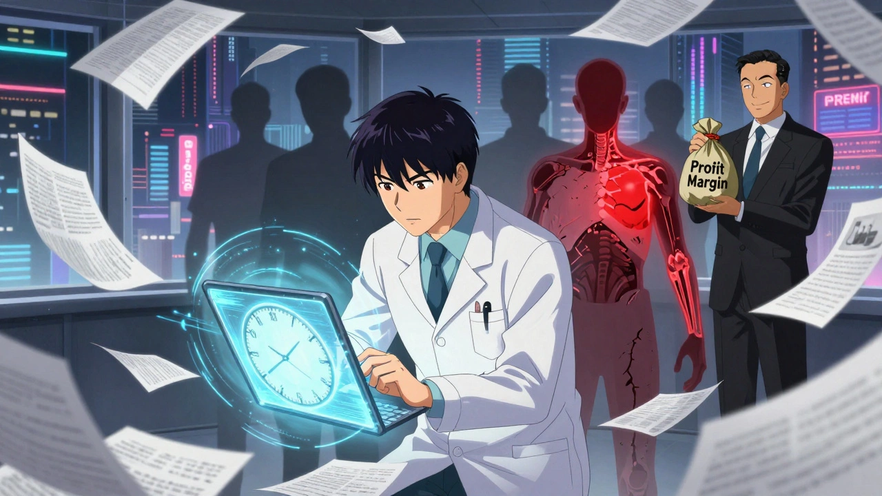 Médecin submergé par des papiers et des horloges, tandis qu&#039;un patient se dégrade en arrière-plan.