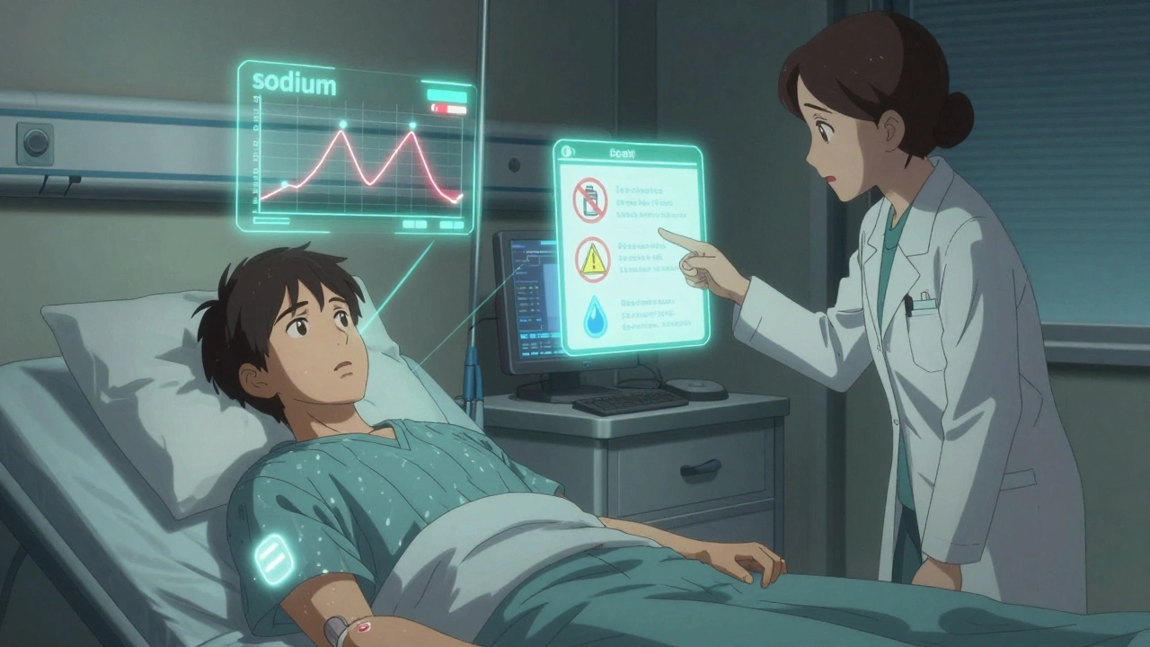 Patch sur la peau affichant un graphique de sodium en temps réel au-dessus d&#039;un lit d&#039;hôpital.