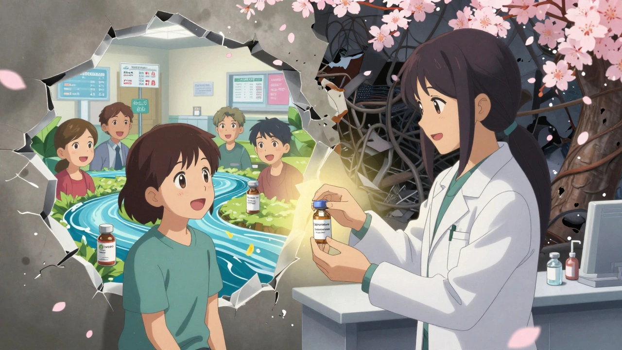 Patient reçoit un biosimilaire interchangeable sous une lumière dorée, avec un contraste entre les systèmes de santé américain et européen.