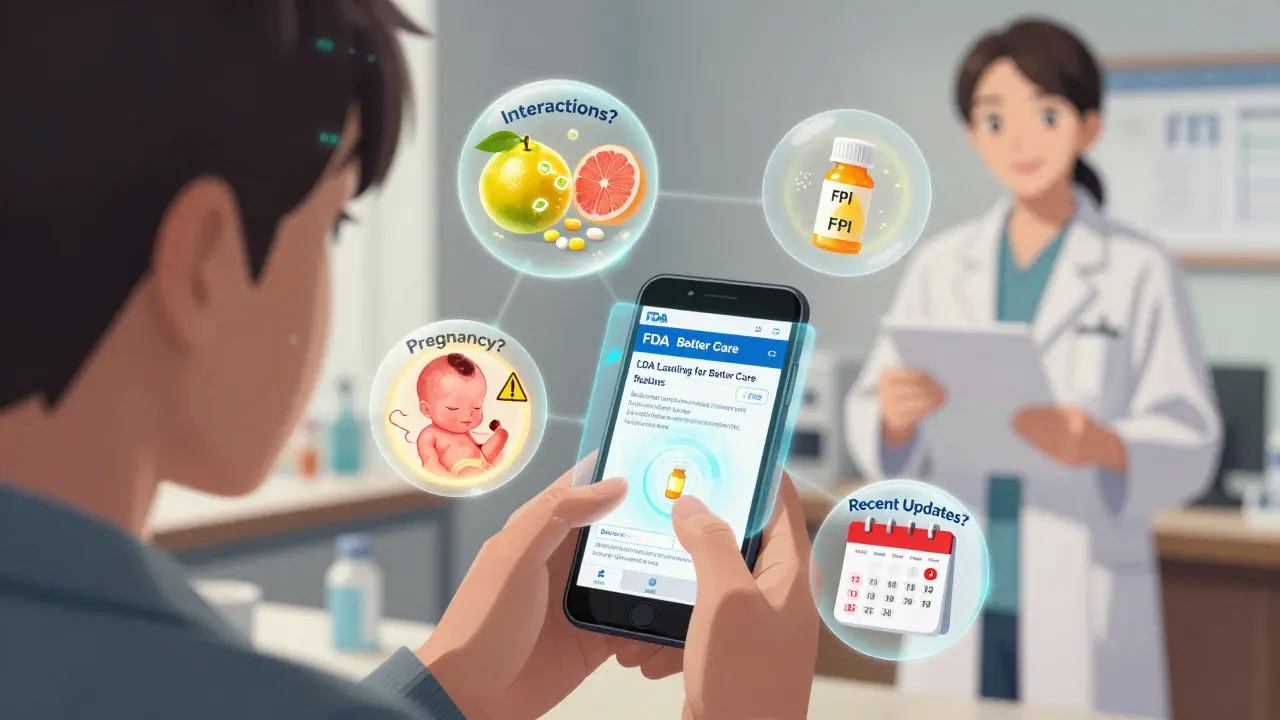 Patient scannant une bouteille avec un téléphone affichant une interface holographique interactive de l'étiquette FDA.