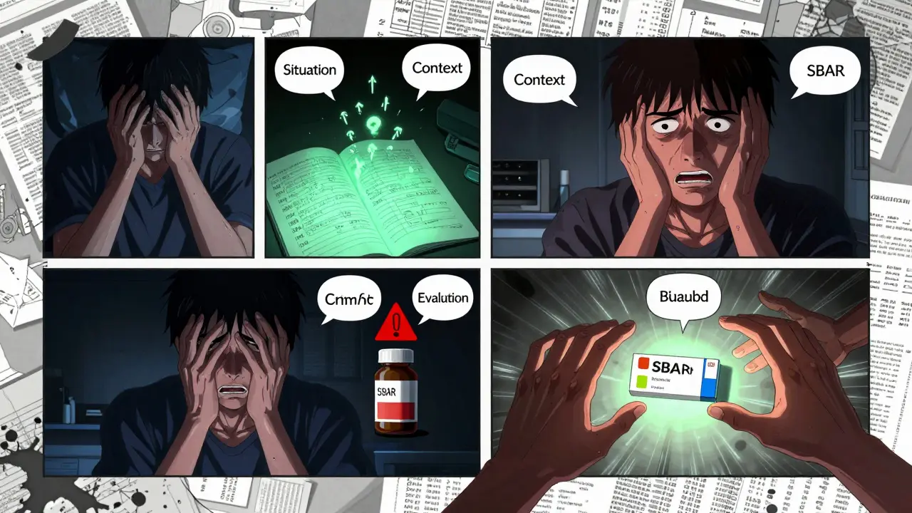 Patient utilisant la méthode SBAR en quatre panneaux animés, avec des éléments visuels symbolisant son état et sa demande.