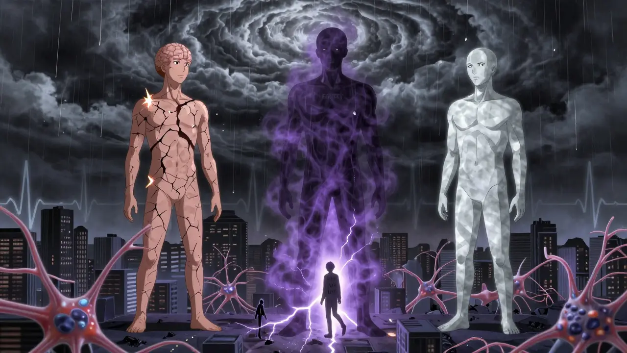 Paysage mental symbolique d’un cerveau en surcharge de sérotonine avec des figures représentant des opioïdes.