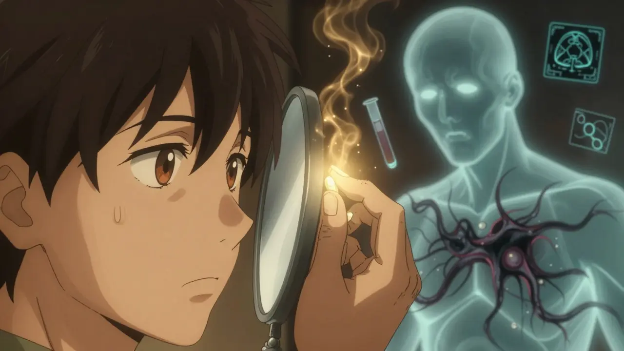 Personnage regardant un miroir avec vision en tunnel, une pilule dorée dissolvant des nuages hormonaux noirs.