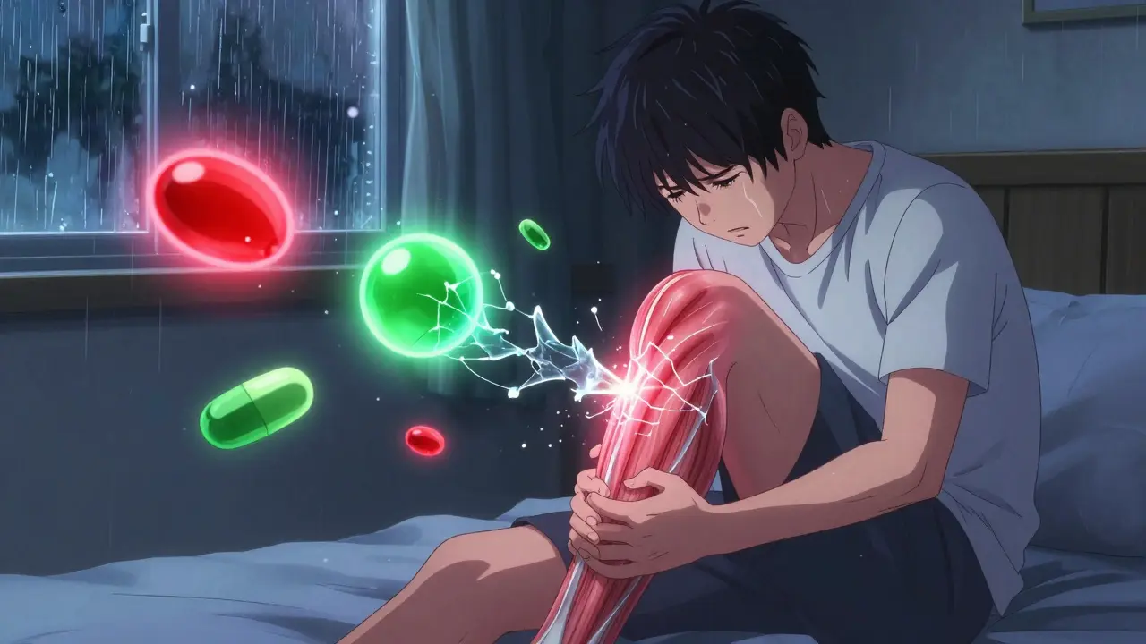 Personnage souffrant de douleurs musculaires, des fibres musculaires se brisant tandis que des molécules de CoQ10 s'échappent.