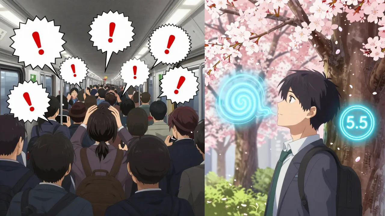 Personne en métro submergée par le stress, puis apaisée sous un arbre en fleurs.