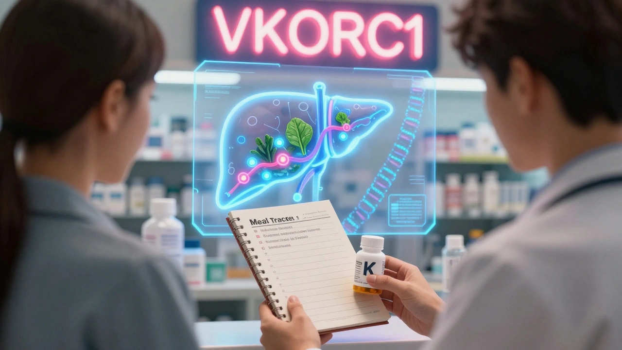 Pharmacien remettant un carnet de suivi et un supplément de vitamine K à un patient sous un éclairage néon.