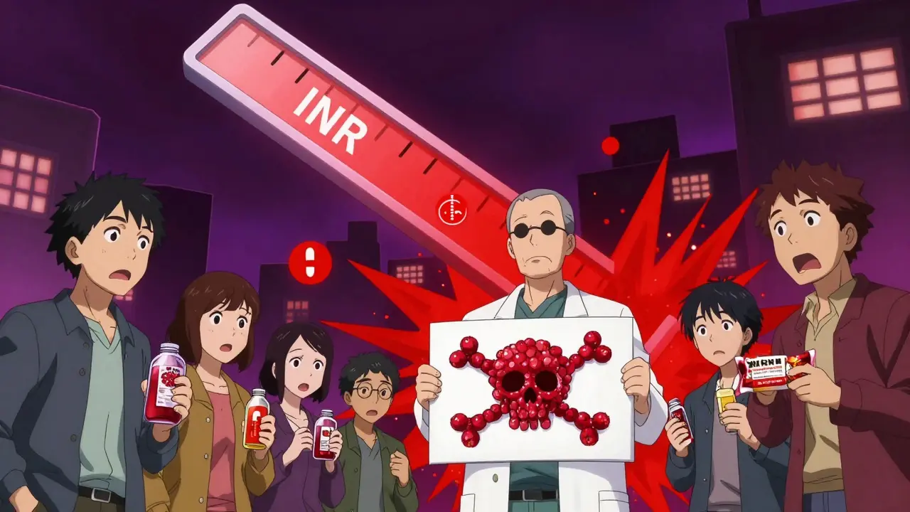 Pharmacien tenant un avertissement en forme de cranberries, patients avec des produits à base de canneberge.